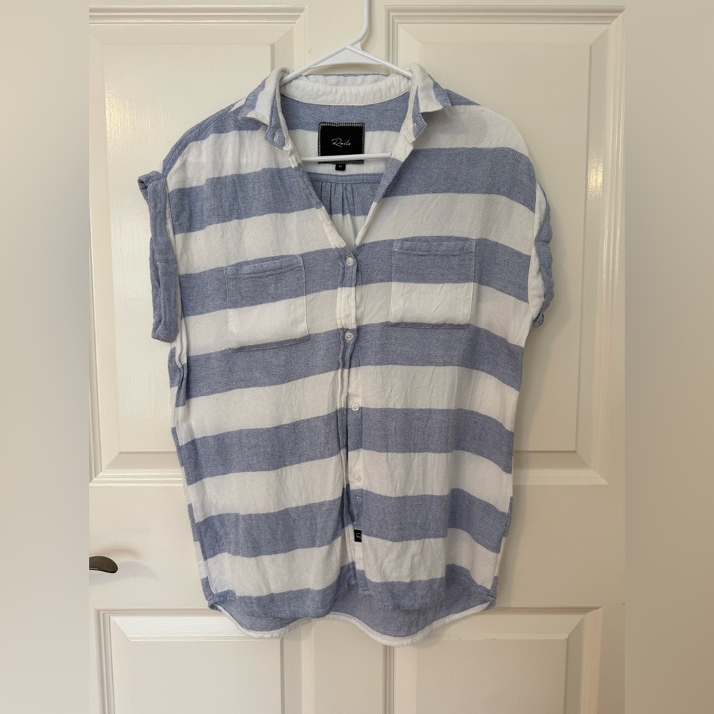 Rails Women’s Short-Sleeve Button-Up in Blue and White Stripes, Medium